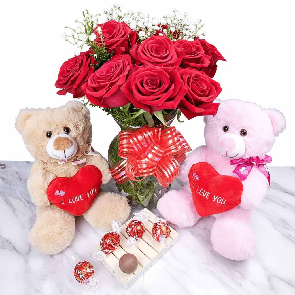 Red Roses Bunch With Teddy Bears And Lindt (Canada) | FLORA724