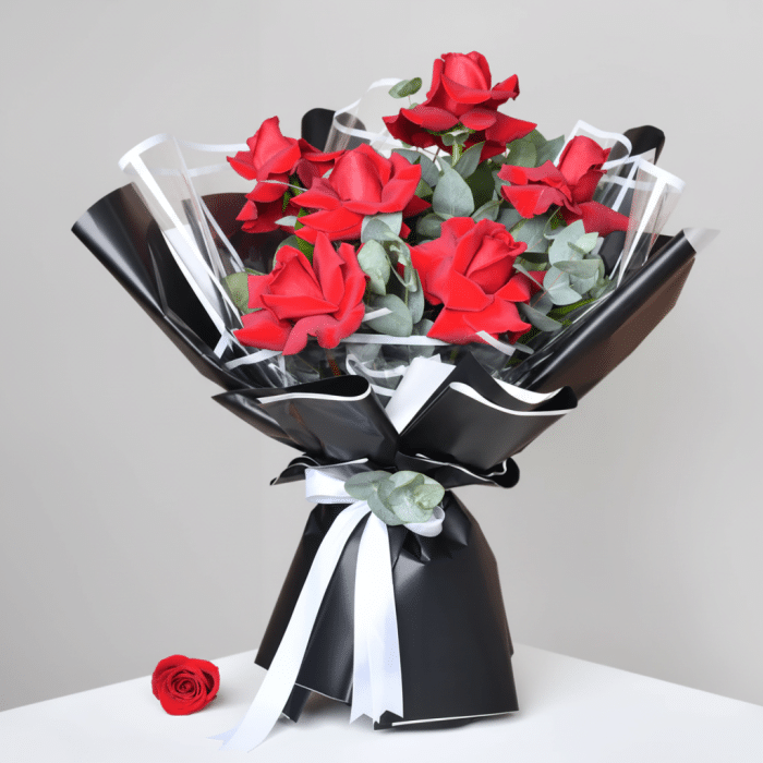 Elegant Bouquet of 6 Red Roses with Gypsophila and Eucalyptus (Qatar ...